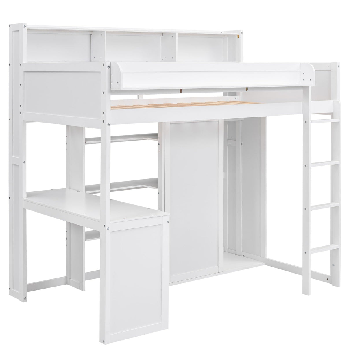 SOFTSEA Twin Loft Bed with Desk, Wardrobe, and Bookcase in White for Space-Saving Style SOFTSEA
