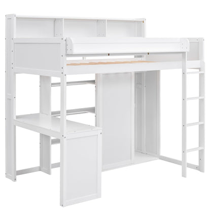 SOFTSEA Twin Loft Bed with Desk, Wardrobe, and Bookcase in White for Space-Saving Style - WoodArtSupply