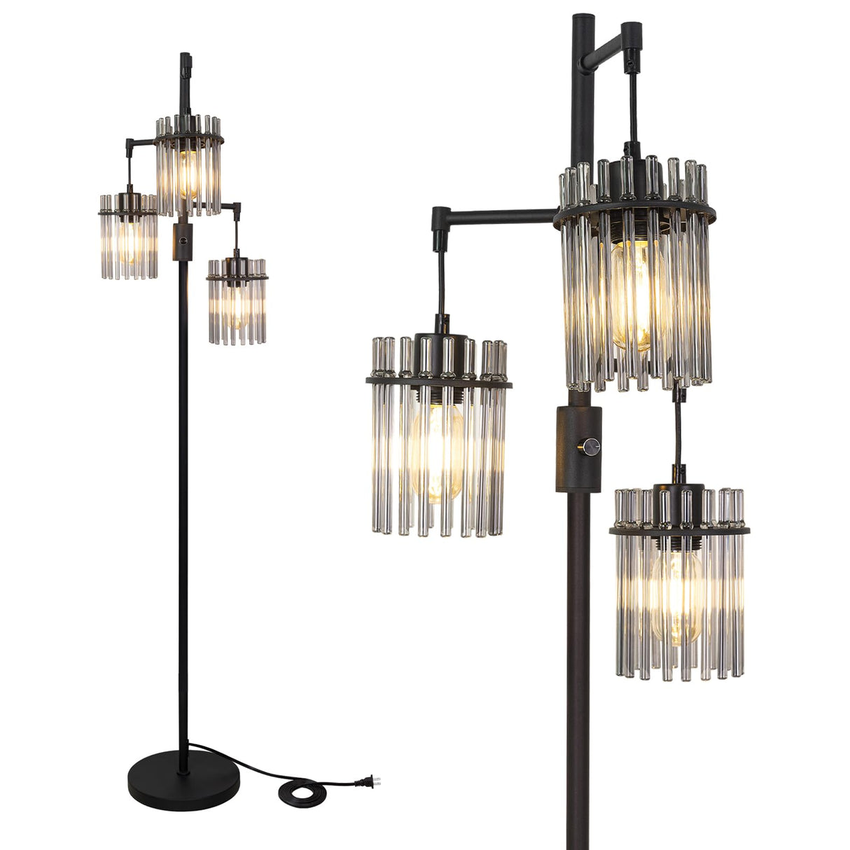 VOUTOORO Industrial Modern Floor Lamps for Living Room, Dimmable Glass Tree Standing Tall Lamps with 3 Elegant Teardrop Cage Head & 800 Lumens LED Bulbs for Bedroom Office (66inch Tall) VOUTOORO