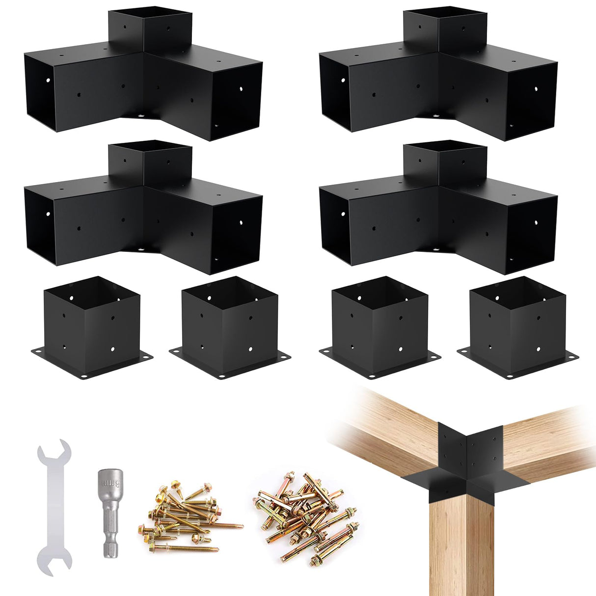 4x4 Woodworks Pergola Brackets Kit, 3-Way Corner Extension Brackets, Black Powder Coated, 4x4 Metal Brackets for Wood Beams, Fence, and Carport (Actual: 3.5"x3.5") Kinchoix