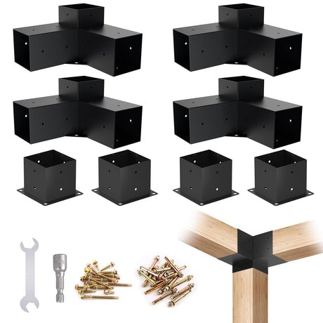 4x4 Woodworks Pergola Brackets Kit, 3-Way Corner Extension Brackets, Black Powder Coated, 4x4 Metal Brackets for Wood Beams, Fence, and Carport (Actual: 3.5"x3.5") Kinchoix