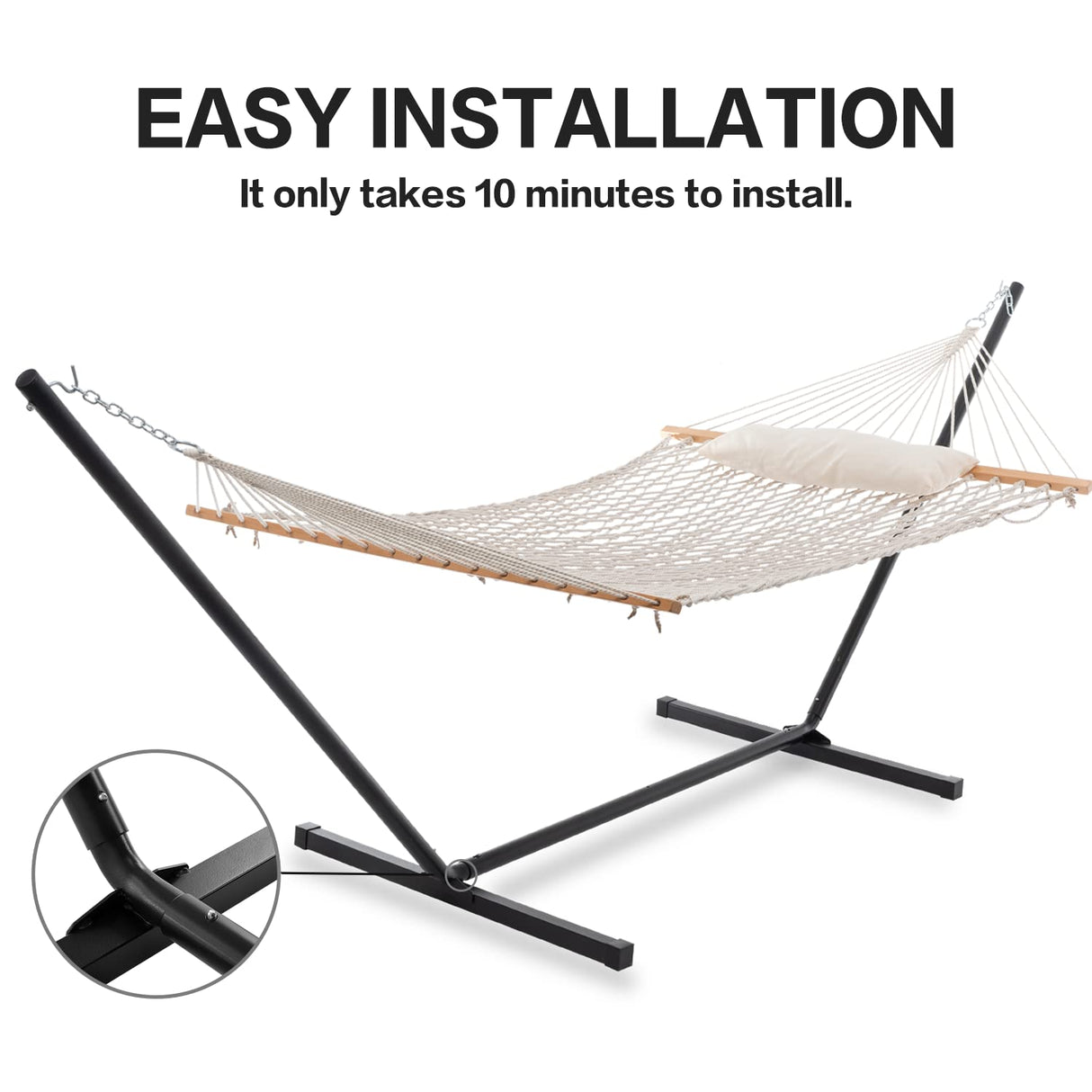 PNAEUT Double Rope Hammock with Stand Included, 12ft Heavy Duty Stand, 2 Person Traditional Cotton Rope Hammocks with Pillow for Outside Porch Patio Backyard Outdoor, Max 475lbs Capacity (Burlywood) PNAEUT