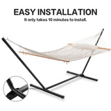 PNAEUT Double Rope Hammock with Stand Included, 12ft Heavy Duty Stand, 2 Person Traditional Cotton Rope Hammocks with Pillow for Outside Porch Patio Backyard Outdoor, Max 475lbs Capacity (Burlywood) PNAEUT