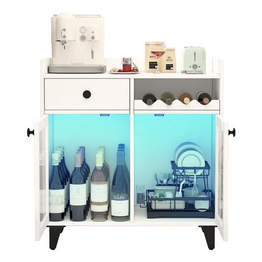 COCO DESIGN Small Wine Liquor Cabinet with Led Light, Modern Coffee Bar Cabinet with Storage for Home, Buffet Sideboard with Glass Door & Wavy Wine Rack for Kitchen, Farmhouse, White - WoodArtSupply