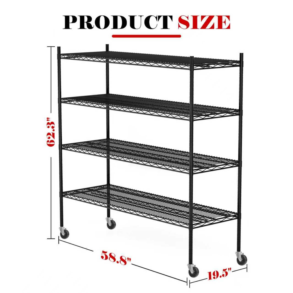Vioranex Heavy Duty Storage Rack Metal Shelving Unit with Wheels, 4-Tier Adjustable Wire Rack Metal Shelves for Garage, Pantry, Kitchen, 59" W x 19.5" D x 62.3" H Vioranex