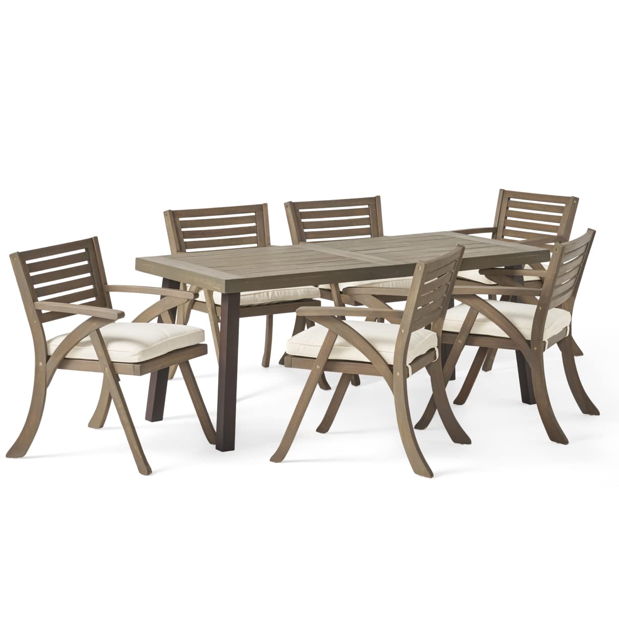 Christopher Knight Home George Outdoor 7 Piece Acacia Wood Dining Set, Gray Finish/Cream - WoodArtSupply