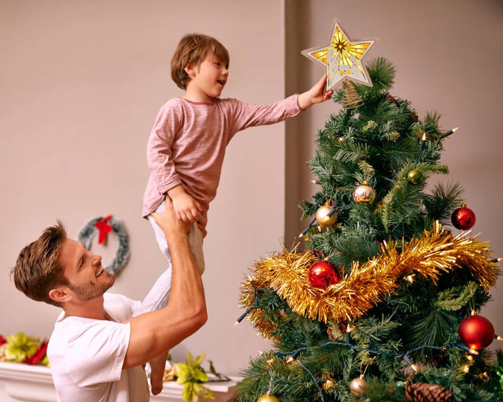 Christmas Star Tree Topper, Wooden 3D Star Glittered Hollow Plug-in Christmas Tree Topper Decoration with LED Light & 6-Hour Timer Function for Indoor Office Holiday Xmas 7.87" x 8.86" (White) Ovootok