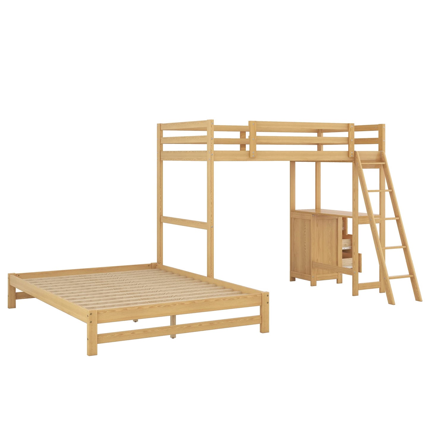 BIADNBZ Twin Over Full L-Shaped Bunk Bed with Integrated Desk and Storage Drawers, Solid Wood Construction in Natural Finish - WoodArtSupply