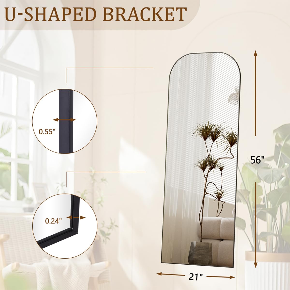 Koonmi Full Length Mirror, 56"x21" Mirror Full Length with Stand, Black Wall Full Body Mirror, Rounded Top Floor Mirror with Aluminum Alloy Frame for Bedroom Living Room Koonmi