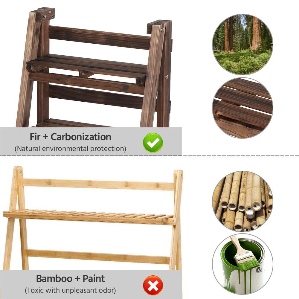 Yaheetech Wooden Foldable Ladder Shelf 4-Tier Magazine Holder Book Rack Plant Stand Folding Flower Display Pot Decorative Storage Free Standing Indoors/Outdoors Rustic No Assembly Required Brown Yaheetech