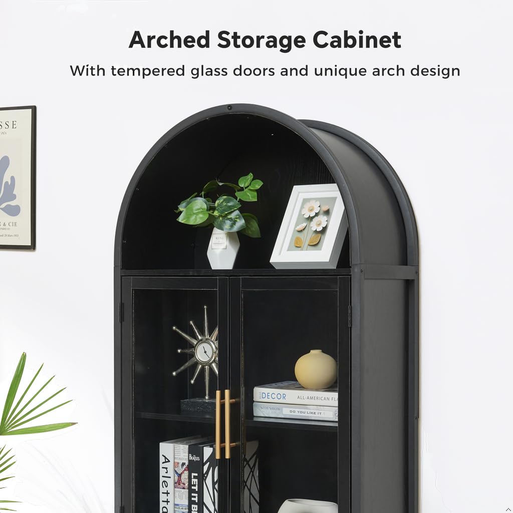 HUSHEDIFY Arched Bookcase Book Shelf with Glass Doors, 5 Tier Tall Display Bookshelf Cabinet with Storage, Industrial Floor Standing Bookshelves Open bookcases for Home Office, Living Room(Black) HUSHEDIFY