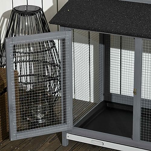 PawHut 90.5" Wooden Rabbit Hutch Bunny Cage Pet Playpen House Enclosure with Double Side Run Boxes, No Leak Tray, Ramp, for Guinea Pig and Small Animals, Light Gray - WoodArtSupply