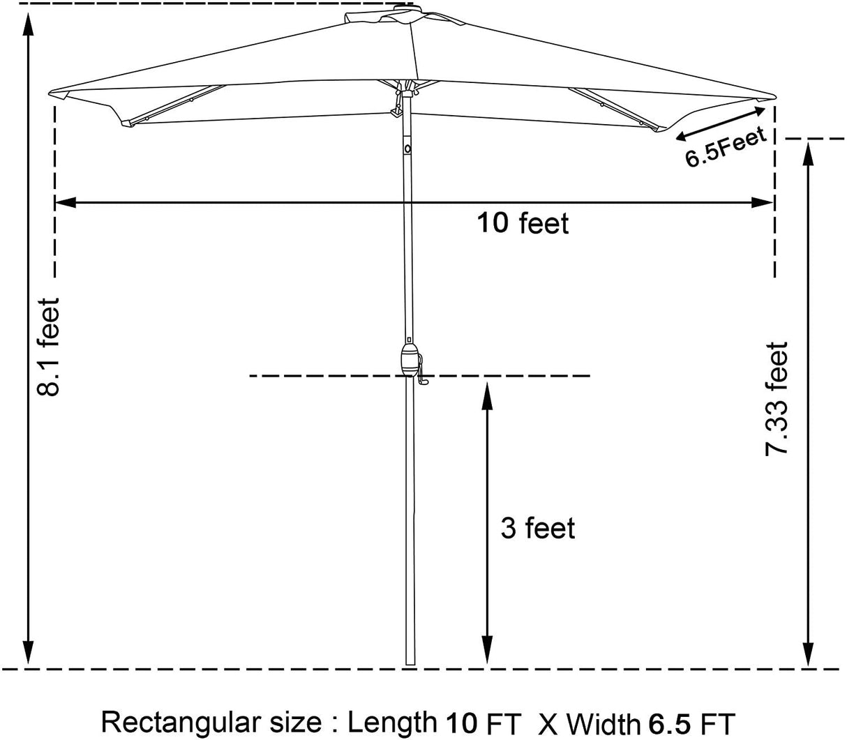 Aok Garden 6.5x10 ft Rectangular Patio Umbrella Outdoor Market Table Aluminum Pole Umbrella with Tilt and Crank 6 Sturdy Ribs for Deck Lawn Pool, Lake Blue Aok Garden