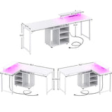Cyclysio L Shaped Gaming Desk with Wood Cabinet, 58" Large Corner Desk with LED Lights & Power Outlet, Reversible Computer Desk with Monitor Stand, Home Office Desk 2 Person Corner Desk, White Cyclysio