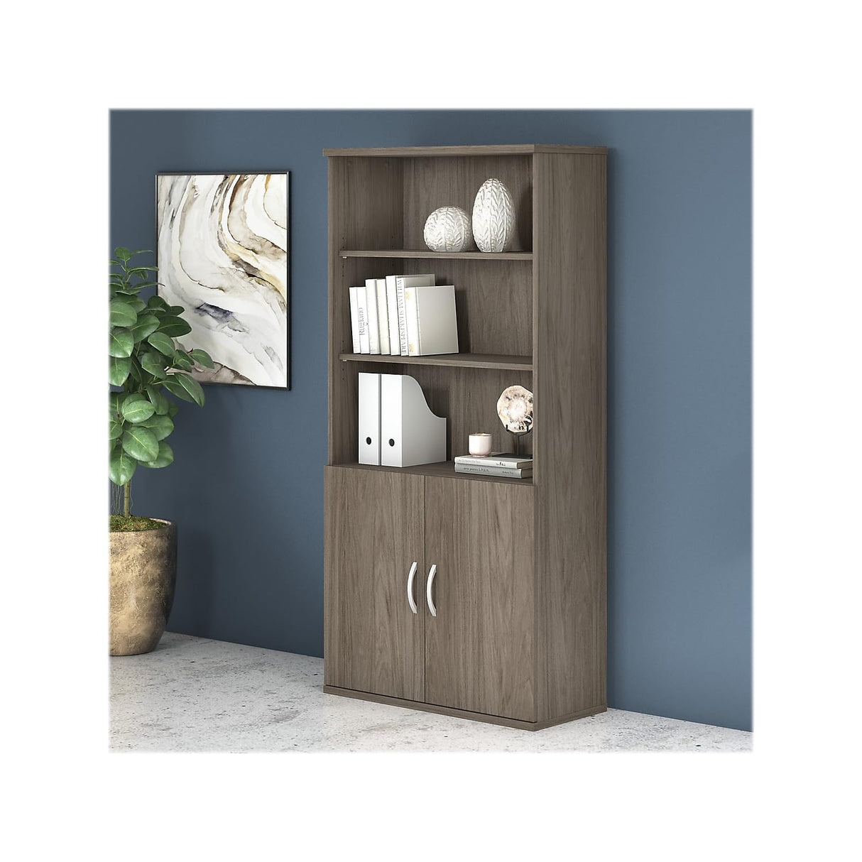 Bush Business Furniture Studio C 5-Shelf Bookcase with Doors in Modern Hickory Bush Business Furniture