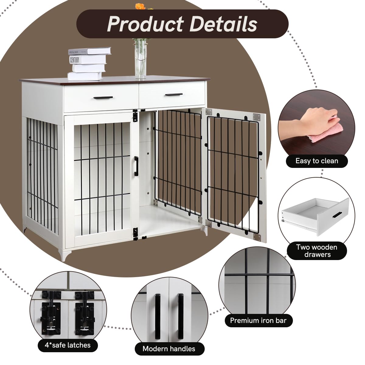Snowtaros Dog Crate Furniture, 36.6 Inch Large Dog Crate with Drawers, Wooden Dog Kennel Indoor for Small Medium Large Dogs, Heavy Duty Dog Crate End Table with Double Doors Snowtaros