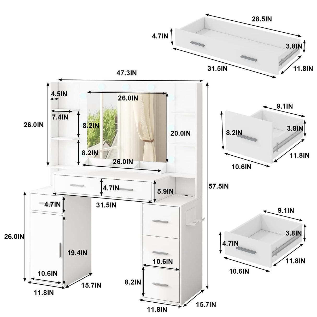 Vanity Desk with Lights and Power Strip, Makeup Vanity Table Lots Storage with 5 Drawers & 1 Cabinet, 3 Light Colors with Adjustable Brightness, Large Vanity 47.3'' (W) Anrigeail