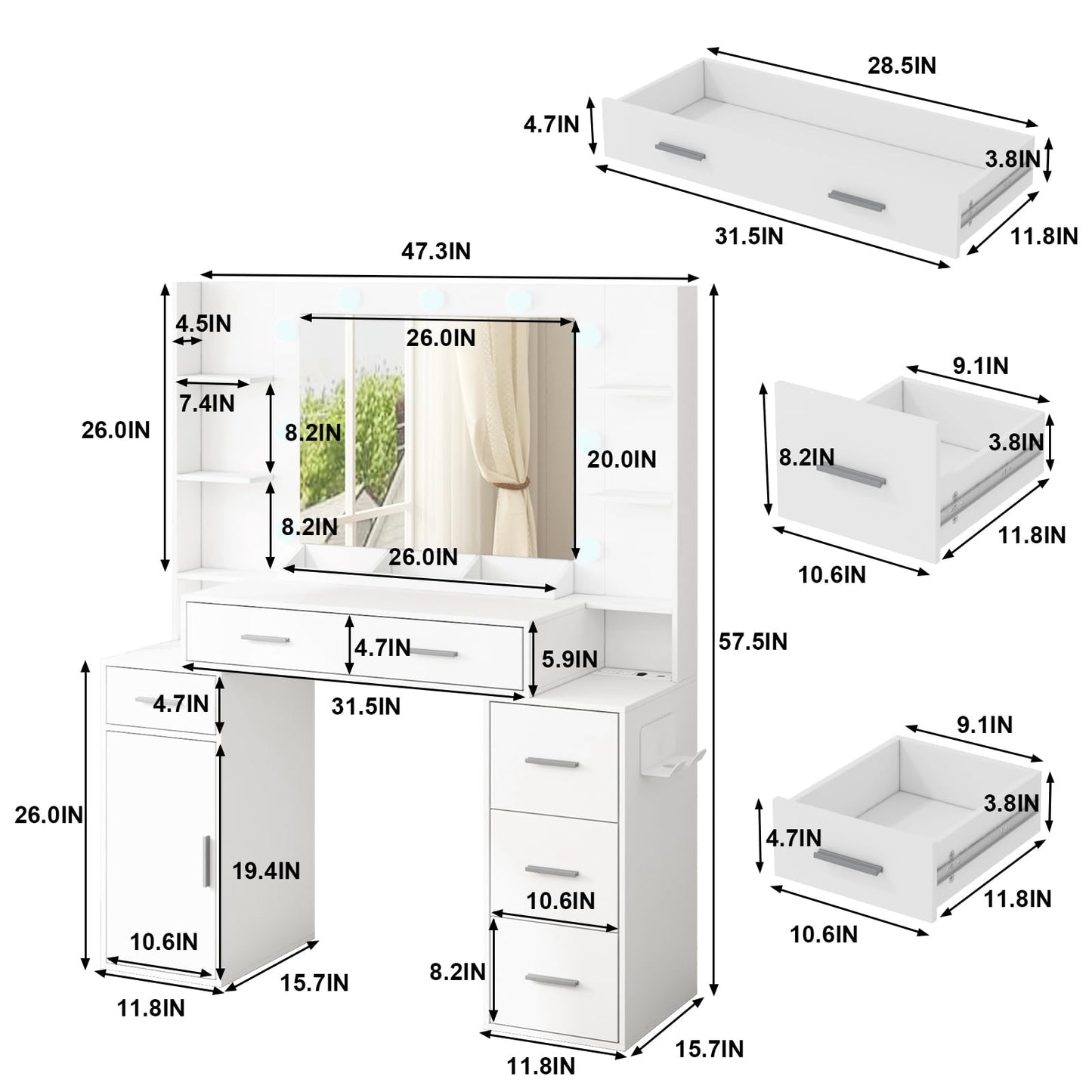 Vanity Desk with Lights and Power Strip, Makeup Vanity Table Lots Storage with 5 Drawers & 1 Cabinet, 3 Light Colors with Adjustable Brightness, Large Vanity 47.3'' (W)