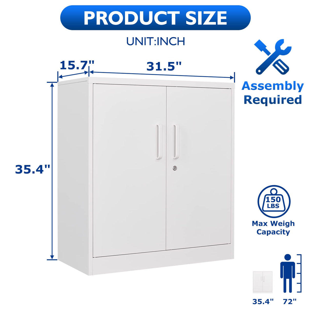AFAIF Metal Storage Cabinets with Locking Doors, 36 inch Lockable Steel Office Cabinet with Adjustable Shelves, Small Short Garage Caninet, White Locked Tool Caninets for Home, Office, Garage, Hallway AFAIF