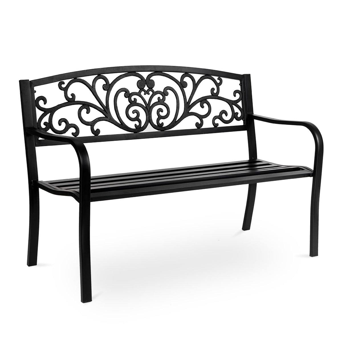 Outvita Outdoor Bench, 50" Metal Frame Garden Bench Patio Porch Furniture with Plastic Floral Design Backrest Powder-Coated Chair Yard Entryway Deck Furniture Outvita