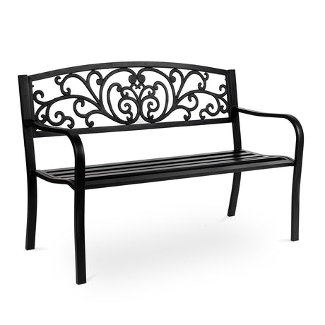 Outvita Outdoor Bench, 50" Metal Frame Garden Bench Patio Porch Furniture with Plastic Floral Design Backrest Powder-Coated Chair Yard Entryway Deck Furniture Outvita