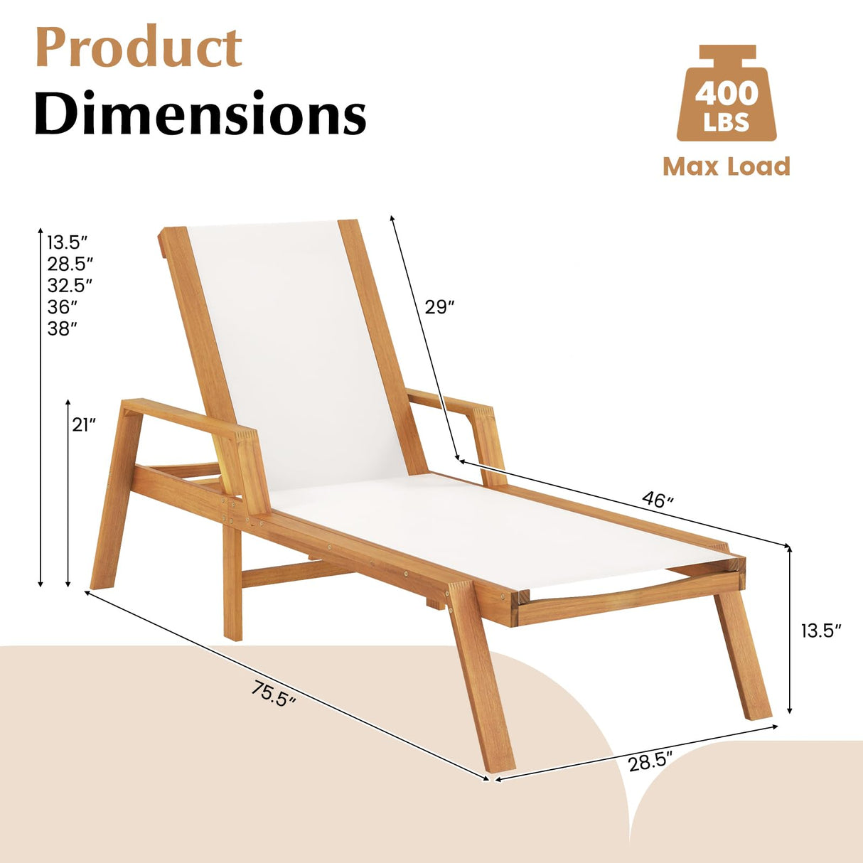 Tangkula Patio Chaise Lounge Chair, 5 Position Adjustable Acacia Wood Patio Lounger, for Backyard, Porch, Poolside (1) Tangkula