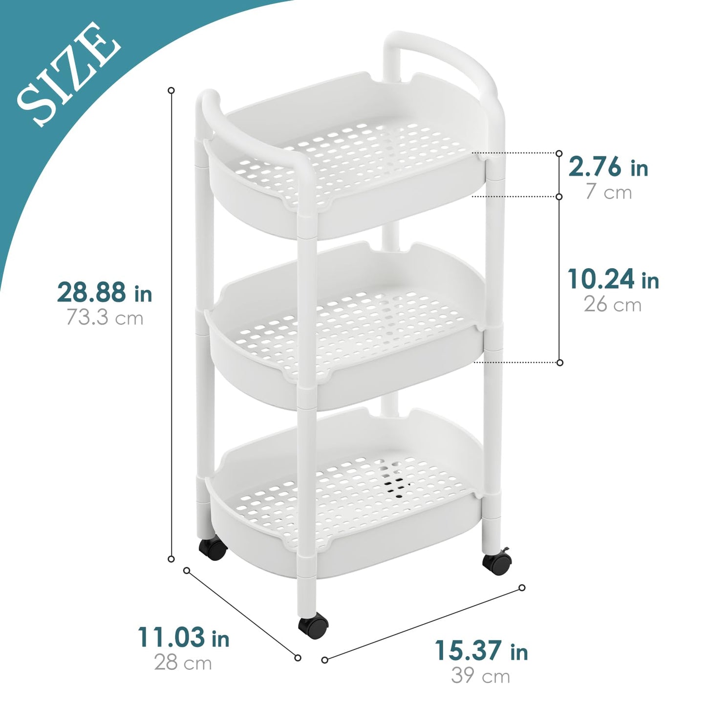 HUXMEYSON 3 Tier Rolling Cart, Multi-Functional Storage Utility Cart, Plastic Rolling Cart with Handle and Lockable Wheels, Versatile Storage Cart for Kitchen, Bathroom, Office, White