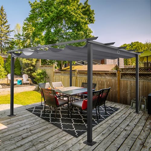 HAPPATIO 12' X 12' Pergola Retractable Pergola Canopy for Backyards, Gardens, Patios, Outdoor Pergola with Sun Shade Canopy, Includes Ground Studs and Expansion Screws (Grey) - WoodArtSupply