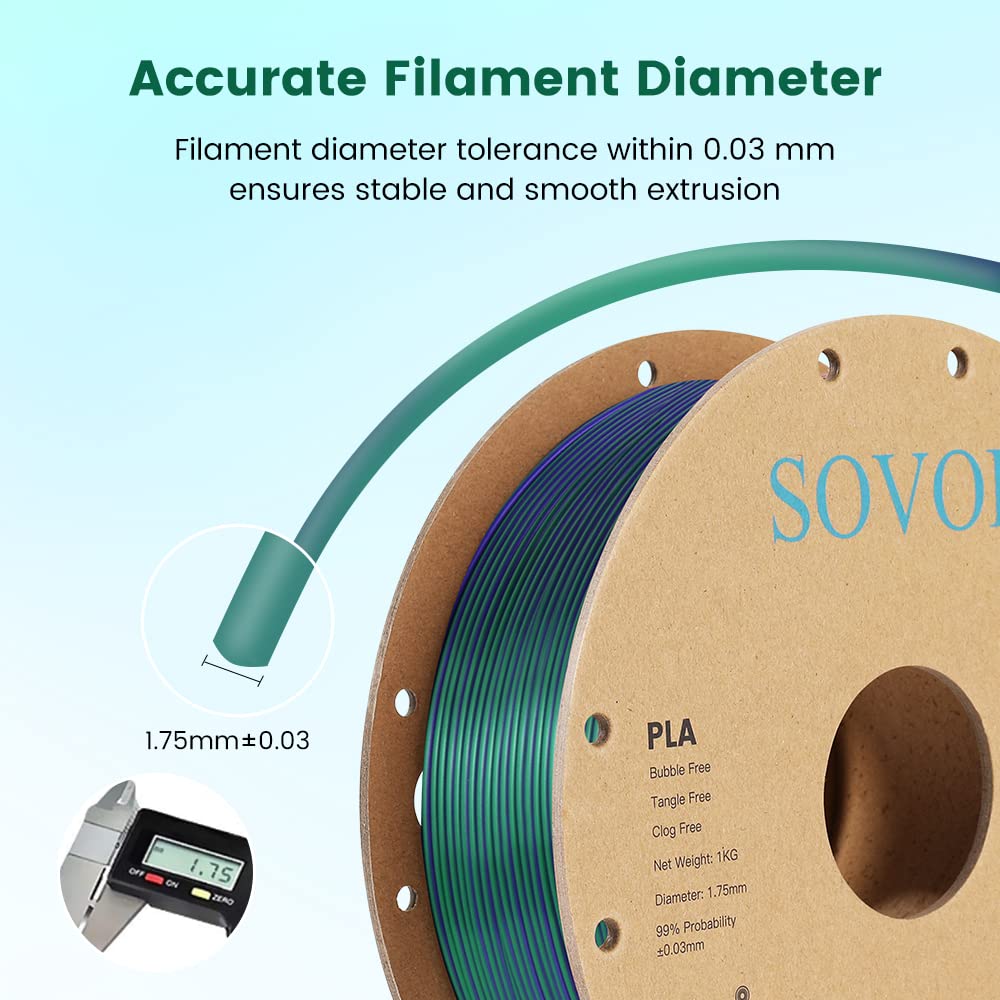 Sovol Silk PLA Filament Tri Color Co-Extrusion 1.75mm, 3D Printer Filament 1kg/ 2.2lbs, Shiny Silk Copper Purple Green 3 in 1 Coextrusion PLA Material +/-0.03mm Sovol