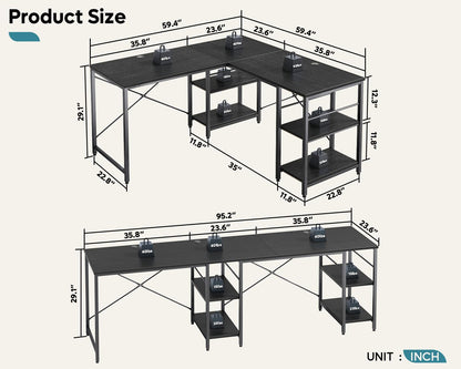 Bestier 95.2” L Shaped Desk, Reversible Corner Computer Desk or 2 Person Long Table with Adjustable Shelves, Large Writing Study Workstation with 3 Cable Holes - Black