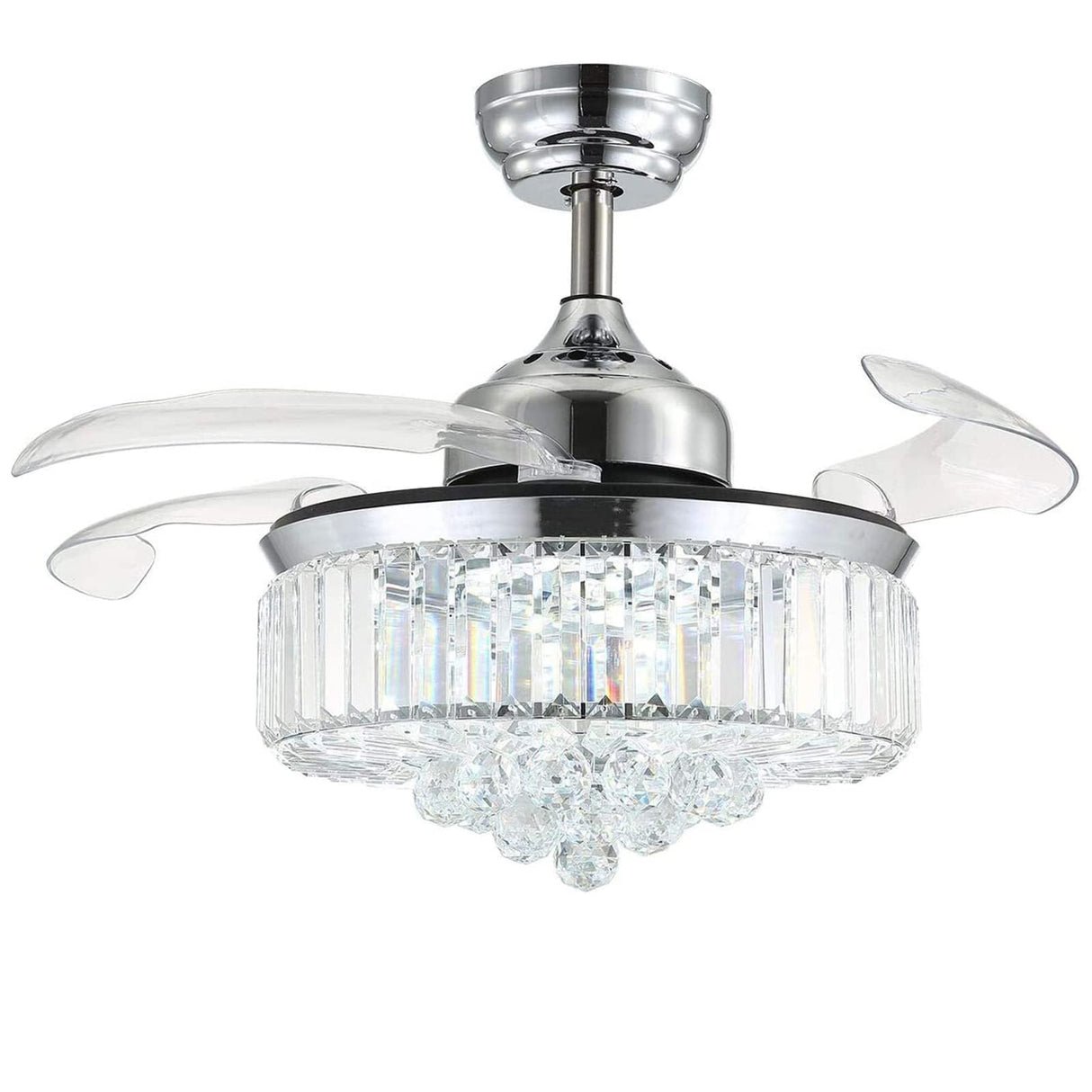 Moooni Dimmable Fandelier Crystal Ceiling Fans with Lights and Remote Modern Invisible Retractable Chandelier Fan LED Ceiling Fan Light Kit -Polished Chrome 36 Inches Moooni