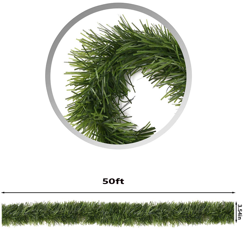 50 Feet Green Tinsel Garland Artificial Christmas Pine Decorative Garland Greenery Tinsel Stems Non-Lit Soft Twist Garland 12 Inch x 2Inch for Holiday Season Outdoor Indoor Party Decorations CCINEE