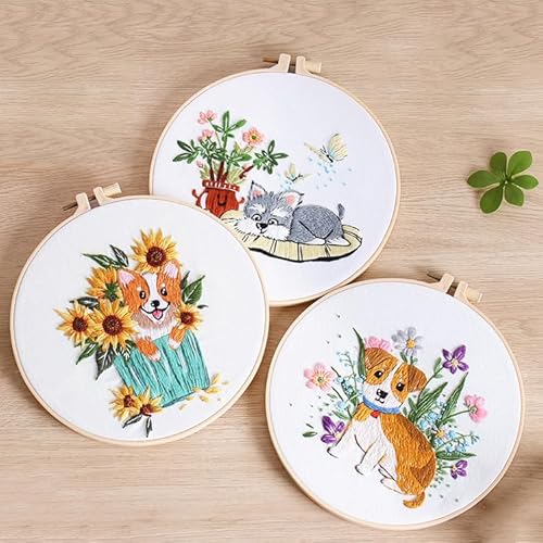 COCOMOX 3 Sets Embroidery Kit for Beginners, Dog Flower Pattern Embroidery Practice Kits for Adults, Hand Embroidery Kit, Easy to Follow Instruction and Video