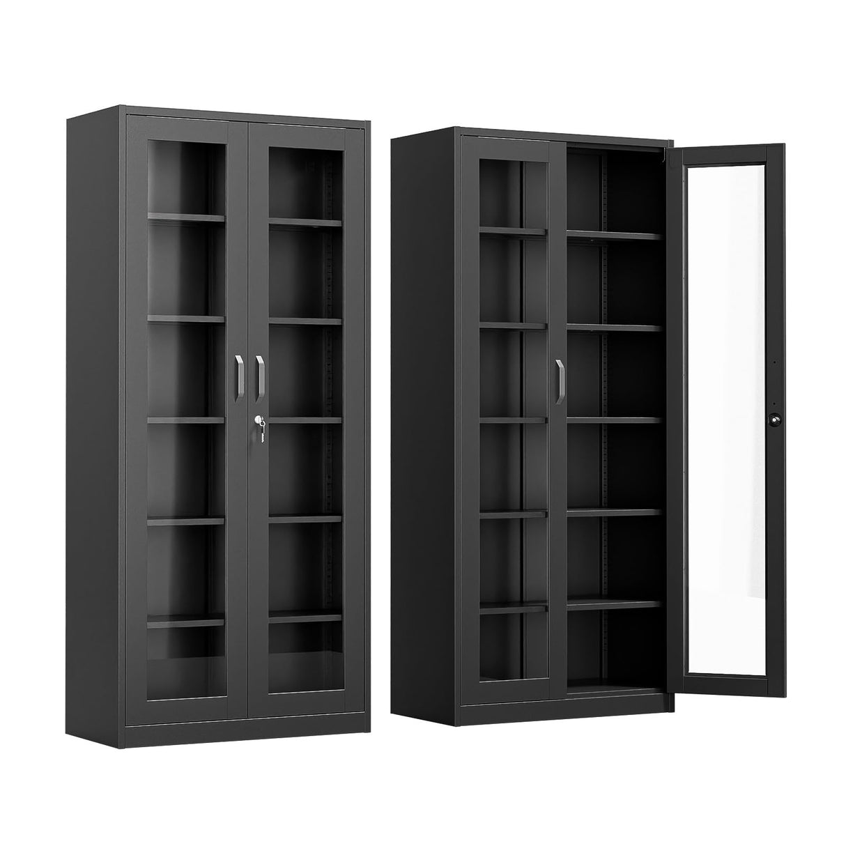 VINGLI Lockable Display Cabinet with Glass Doors & 5 Adjustable Shelves, 71" Tall Black Metal Storage Cabinet, Curio Cabinet Bookshelf Bookcase Liquor Cabinet for Home Office Living Room Pantry Garage VINGLI