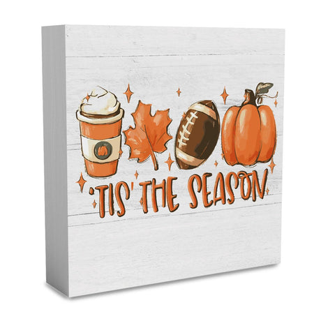 Rustic Tis' the Season Pumpkin Wood Box Sign, Farmhouse Retro Fall Artwork Decor, Autumn Harvest Thanksgiving Wooden Square Sign Desk Block Signs Home Shelf Office Decoration 5 x 5 Inches WRSUNT