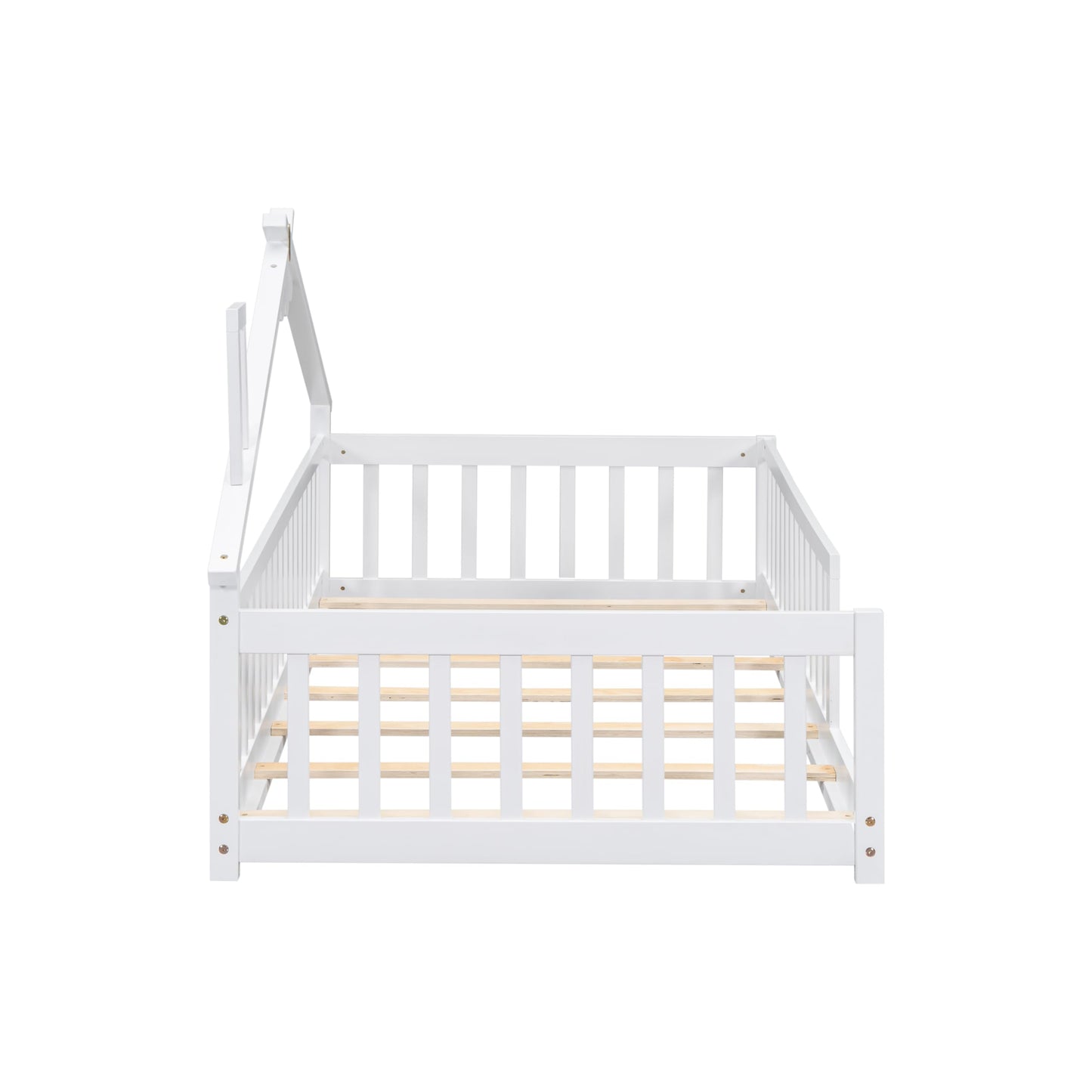 Mirightone Twin Size Floor Bed with House-Shaped Roof and Fence Guardrails - Solid Wood Montessori Design in White