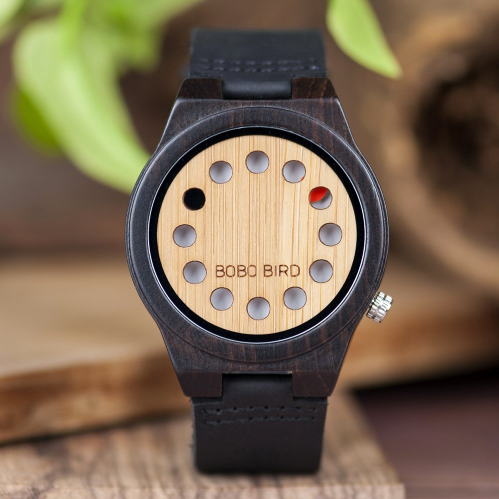 BOBO BIRD Men's Bamboo Wooden Watch with Black Cowhide Leather Strap 12 Holes Timer Design Sports Casual Watches BOBO BIRD