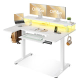 OffiGo U Shaped Electric Standing Desk with Keyboard Tray, 48 Inch Height Adjustable Desk with Power Outlets & LED Lights, Sit Stand Table with Monitor Stand for Home, Office, White OffiGo