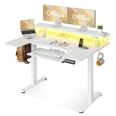 OffiGo U Shaped Electric Standing Desk with Keyboard Tray, 48 Inch Height Adjustable Desk with Power Outlets & LED Lights, Sit Stand Table with Monitor Stand for Home, Office, White OffiGo