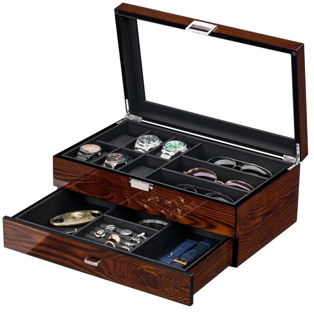 BEWISHOME Watch Box Watch Case Wood Mens Jewelry Box with Valet Drawer Watch Organizer Display Case with Large Glass Lid for Sunglasses Watch Storage, Smooth Faux Leather Interior, Brown SSH32Y BEWISHOME