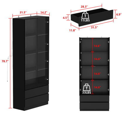 Hitow Modern Tall Glass Door Cabinet with LED Lights, 4 Shelves, 2 Drawers, Black Storage Organizer - WoodArtSupply