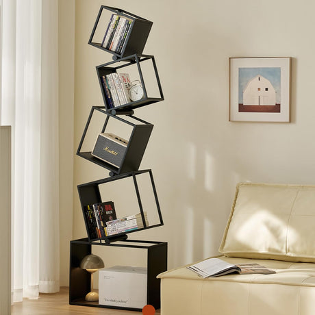 BUZUEY Geometric Bookshelf,5-Tier Unique Bookcase,72.8" Tall Black Modern Book Shelf,Corner Storage Shelves for CDs/Books/Home Decor,Vertical Bookshelf Book Tower for Living Room, Bedroom BUZUEY