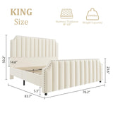GarveeHome King Size Velvet Bed Frame, 50.2 in Tall Headboard & Footboard, Upholstered Platform King Bed Frame with Nailhead Trim, No Box Spring Needed, Noise Free, Solid Wooden Slats, Beige GarveeHome