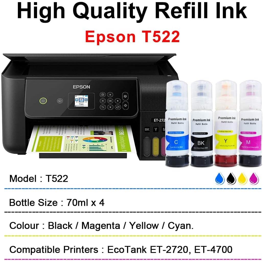 Printers Jack Compatiable Epson T522 Refill Ink Bottle Kit for Epson Supertank ET-2800 ET-4700 ET-4800 ET-2710 ET-2720, ET-2803 Printer, 4 Packs Printers Jack