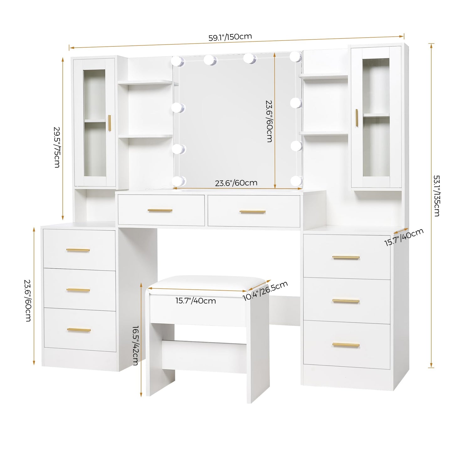 ANWBROAD 59.1" Large Vanity Desk Table with Mirror & Lights White Makeup Vanity with Power Outlet and 8 Drawers 2 Cabinets 3 Lighting Modes Adjustable Vanity Table for Bedroom Dressing Room U - WoodArtSupply