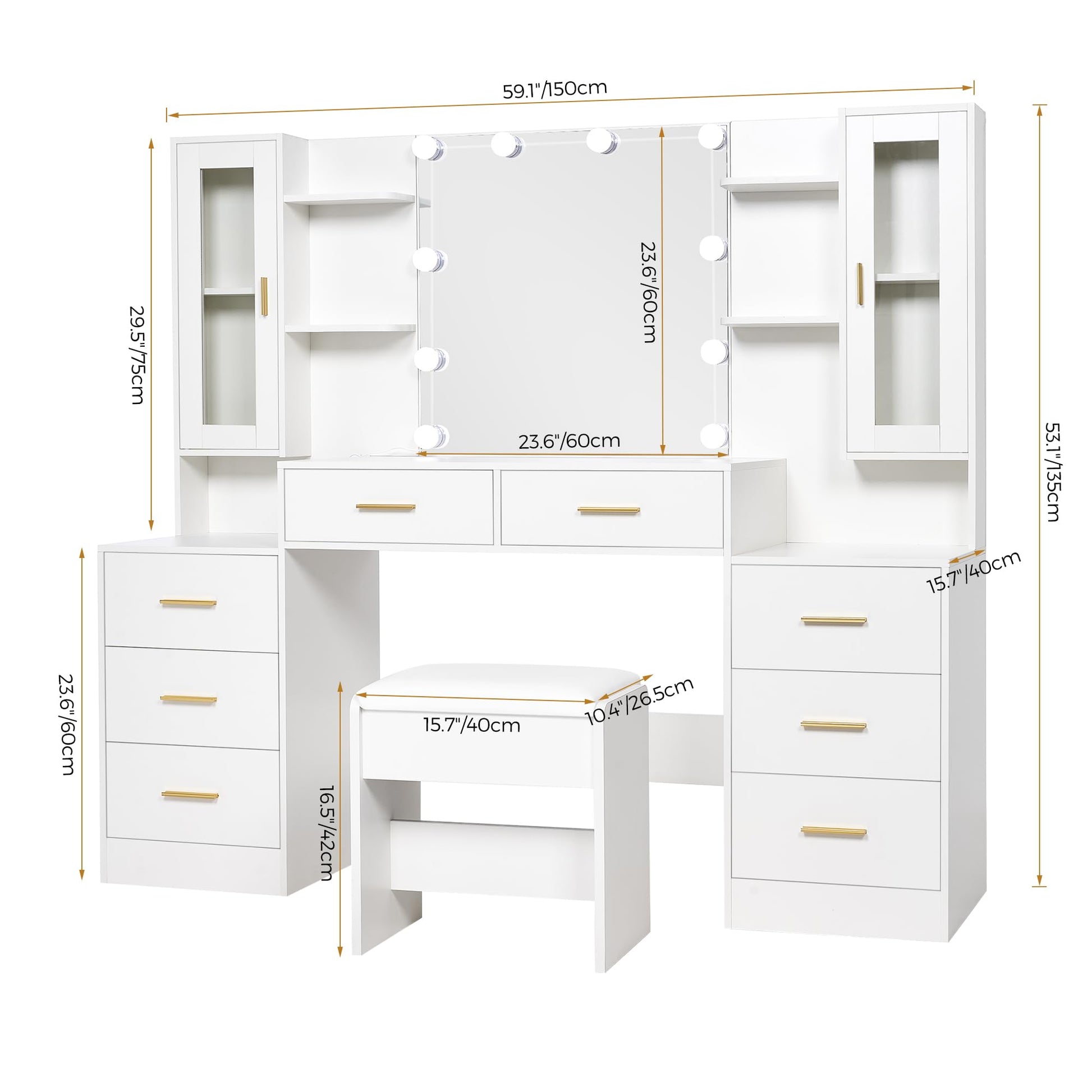 ANWBROAD 59.1" Large Vanity Desk Table with Mirror & Lights White Makeup Vanity with Power Outlet and 8 Drawers 2 Cabinets 3 Lighting Modes Adjustable Vanity Table for Bedroom Dressing Room U - WoodArtSupply