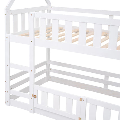 SOFTSEA Solid Wood Twin Over Twin House Bunk Bed with Guardrails and Playful Design - WoodArtSupply