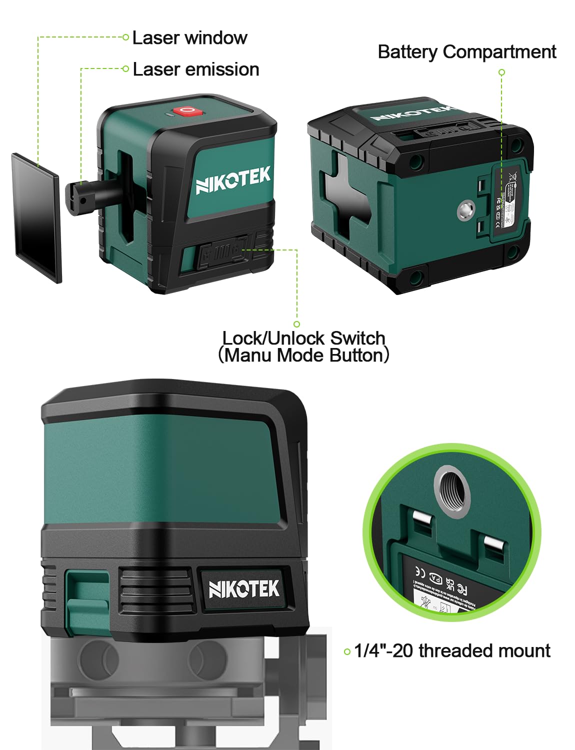 Nikotek Laser Level, Self-leveling Green Line Laser With Horizontal and Vertical Lines for Construction and Picture Hanging, Battery Included Nikotek