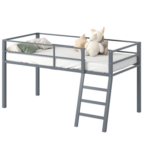 Lutown-Teen Low Metal Twin Loft Bed with Ladder and Guardrail for Kids or Teens, Space Saving Loft Bed Twin Size for Small Bedroom, Grey Lutown-Teen
