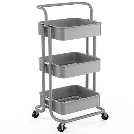 Pipishell 3 Tier Mesh Utility Cart, Rolling Metal Organization Cart with Handle and Lockable Wheels, Multifunctional Storage Shelves for Kitchen Living Room Office Grey Pipishell